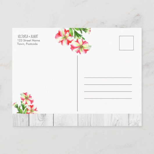 水彩ピンクと白のペチュニア日付を保存 案内ポストカード (裏面)