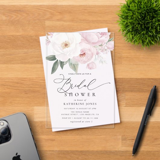 水彩ピンクと白の花ブライダルシャワー アクリル招待状 (インサイチュ (招待状))