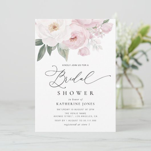 水彩ピンクと白フローラブライダルシャワー 招待状 (スタンド正面)