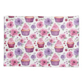 水彩ピンクと紫のカップケーキと花 枕カバー (裏面)