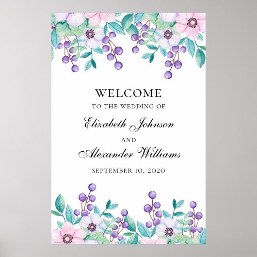 水彩ピンクと紫のフローラ結婚の歓迎 ポスター (正面)
