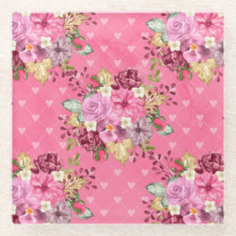 水彩ピンクと紫の秋の花 ガラスコースター