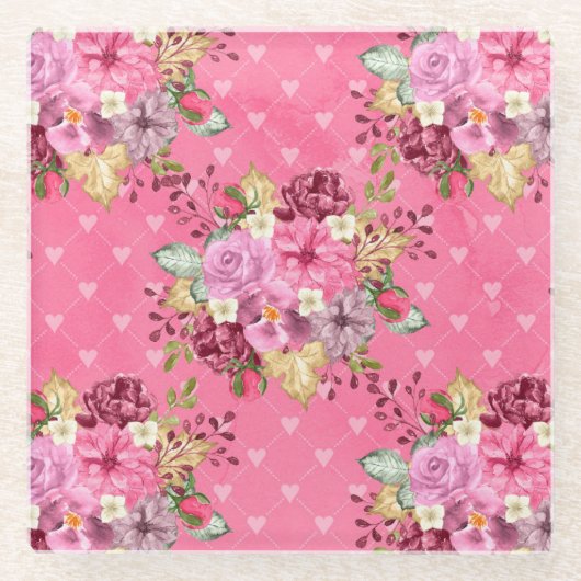 水彩ピンクと紫の秋の花 ガラスコースター (正面)