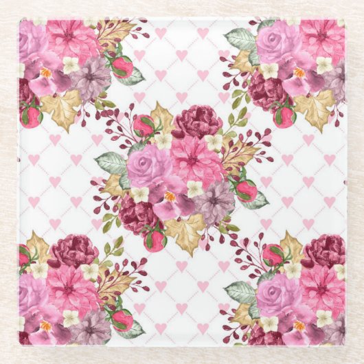 水彩ピンクと紫の秋の花 ガラスコースター (正面)