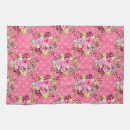 水彩ピンクと紫の秋の花 キッチンタオル