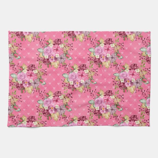 水彩ピンクと紫の秋の花 キッチンタオル (横)