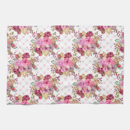 水彩ピンクと紫の秋の花 キッチンタオル