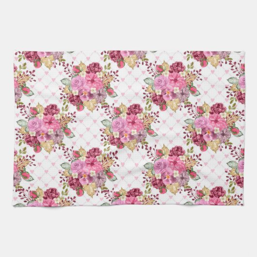 水彩ピンクと紫の秋の花 キッチンタオル (横)