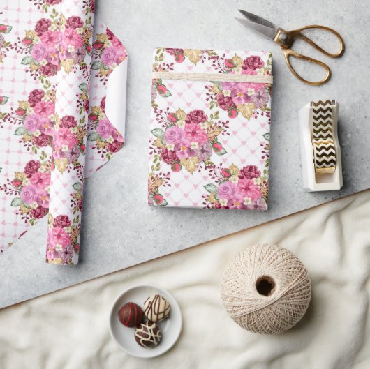 水彩ピンクと紫の秋の花 ラッピングペーパー (クラフト)