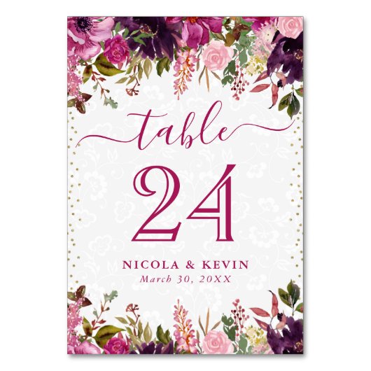 水彩ピンクと紫の結婚花 テーブルナンバー (正面)