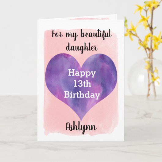 水彩ピンクと紫13誕生日娘 カード (黄色い花)