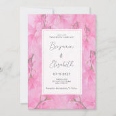 水彩ピンクと緑のオーキッドの花の結婚式 招待状 (正面)