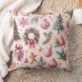 水彩ピンクと緑のクリスマスモチーフのコラージュ クッション (ブランケット)