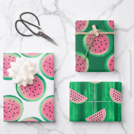 水彩ピンクと緑のスイカ模様 ラッピングペーパーシート