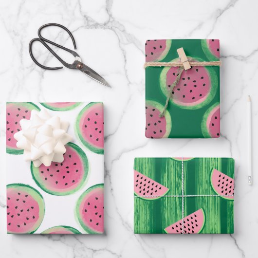 水彩ピンクと緑のスイカ模様 ラッピングペーパーシート (正面)