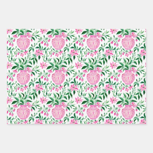 水彩ピンクと緑のフローラジンジャージャー ラッピングペーパーシート (正面2)
