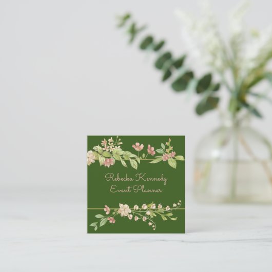 水彩ピンクと緑のフローラ縁ど スクエア名刺 (スタンド正面)