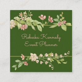 水彩ピンクと緑のフローラ縁ど スクエア名刺