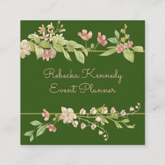 水彩ピンクと緑のフローラ縁ど スクエア名刺 (正面)