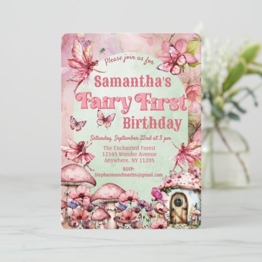 水彩ピンクと緑の妖精ファースト誕生日 招待状 (スタンド正面)