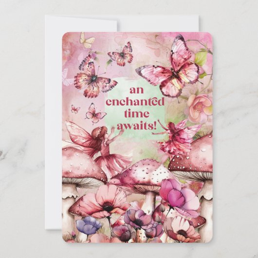 水彩ピンクと緑の妖精ファースト誕生日 招待状 (裏面)