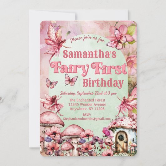 水彩ピンクと緑の妖精ファースト誕生日 招待状