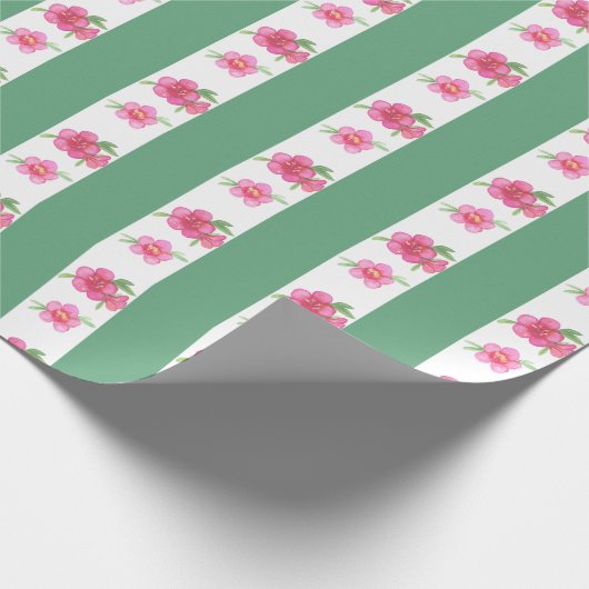 水彩ピンクと緑の花とストライプ花 ラッピングペーパー (角)