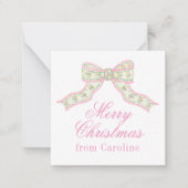 水彩ピンクと緑の蝶の弓クリスマス ノートカード (正面)