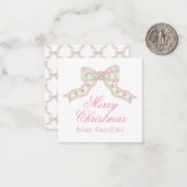 水彩ピンクと緑の蝶の弓クリスマス ノートカード (正面/裏面インサイチュ)