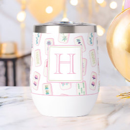 水彩ピンクと緑の麻雀タイルモノグラム