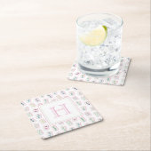 水彩ピンクと緑の麻雀タイルモノグラム スクエアペーパーコースター (インサイチュ)