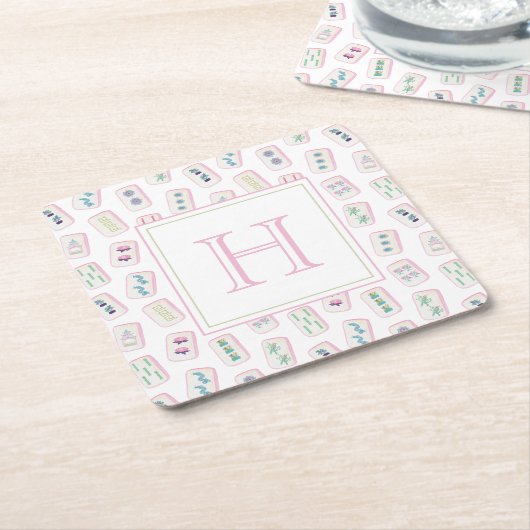 水彩ピンクと緑の麻雀タイルモノグラム スクエアペーパーコースター (アングル)
