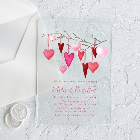 水彩ピンクと赤いハートブランチ赤ちゃんシャワー アクリル招待状