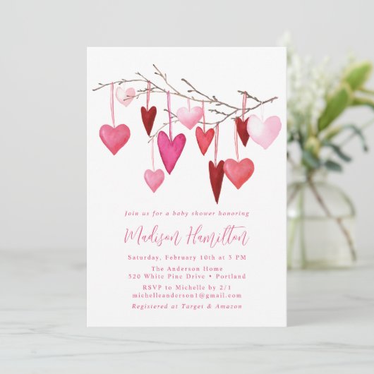 水彩ピンクと赤いハートブランチ赤ちゃんシャワー 招待状 (スタンド正面)