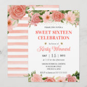 水彩ピンクと赤のバラのSweet sixteen 招待状 (正面/裏面)