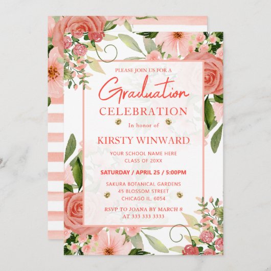 水彩ピンクと赤のバラ卒業 招待状 (正面/裏面)
