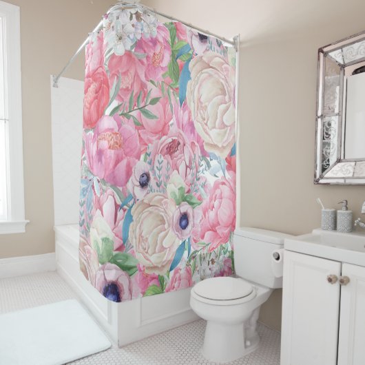 水彩ピンクと赤面牡丹春 シャワーカーテン (インサイチュ)