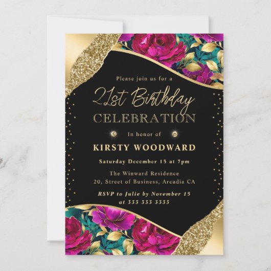水彩ピンクと金ゴールドの花21歳の誕生日 招待状 (正面)