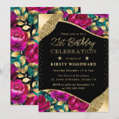 水彩ピンクと金ゴールドの花21歳の誕生日 招待状 (正面/裏面)