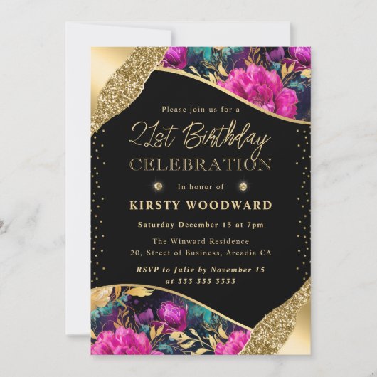 水彩ピンクと金ゴールドの花21歳の誕生日 招待状 (正面)