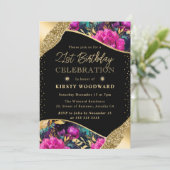 水彩ピンクと金ゴールドの花21歳の誕生日 招待状 (スタンド正面)