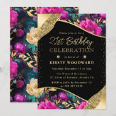 水彩ピンクと金ゴールドの花21歳の誕生日 招待状 (正面/裏面)