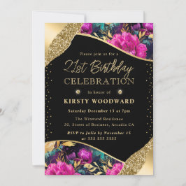 水彩ピンクと金ゴールドの花21歳の誕生日 招待状