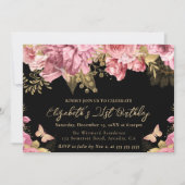 水彩ピンクと金ゴールドの花21歳の誕生日 招待状 (正面)