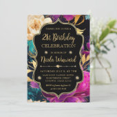 水彩ピンクと金ゴールドの花21歳の誕生日 招待状 (スタンド正面)