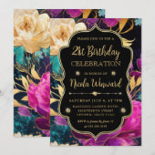 水彩ピンクと金ゴールドの花21歳の誕生日 招待状 (正面/裏面)