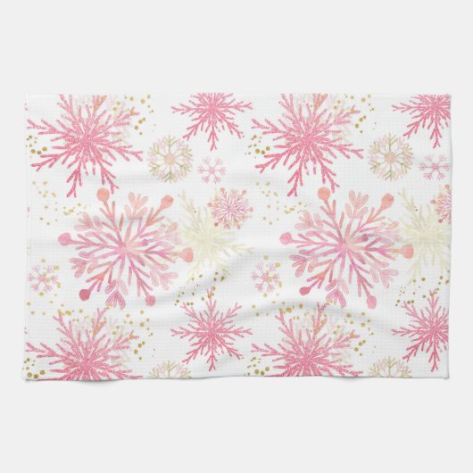 水彩ピンクと金ゴールドグリッター冬の雪片 キッチンタオル (横)