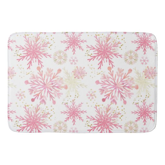 水彩ピンクと金ゴールドグリッター冬の雪片 バスマット (正面)
