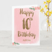 水彩ピンクと金ゴールドグリッター10誕生日 カード (黄色い花)