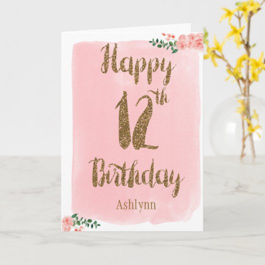 水彩ピンクと金ゴールドグリッター12誕生日 カード (黄色い花)